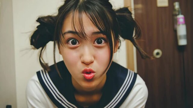 young Japanese Asian schoolgirl with funny dace mocking teasing at camera 