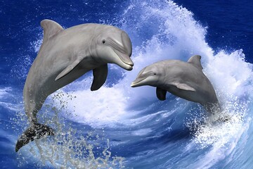 Naklejka premium Dolphins leaping out of ocean waves