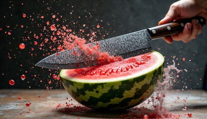 Damascus steel knife cutting watermelon in half, juice captured mid-air in slow-motion