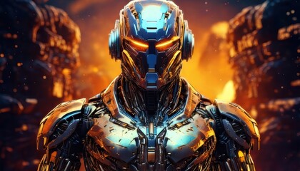 Fototapeta premium A futuristic robot with glowing orange eyes stands against a fiery, industrial background, radiating power and advanced technology.
