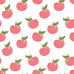Cute seamless pattern of hand-drawn pink cherries with green leaves on white background. Perfect for kids' fabric, wallpaper, and wrapping paper.