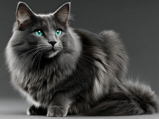 Elegant Nebelung cat with long fur sitting calmly