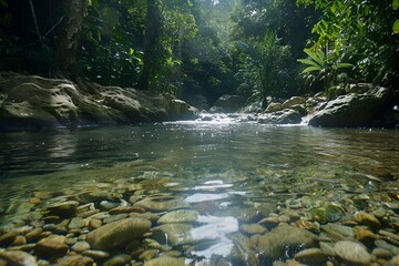 Crystal clear mountain stream flowing over rocks, surrounded by lush greenery, sunlight filtering through trees, emphasizing purity and nature, high-resolution