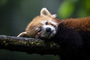 Relaxing red panda resting on branch