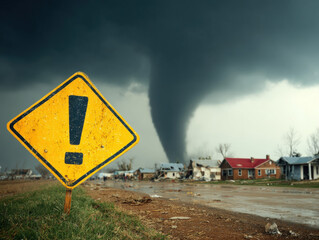 Weather scene with dark skies and a tornado warning sign