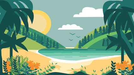  illustration of a tropical sea vacation with beach, sun, and a relaxing summer vibe in flat design style