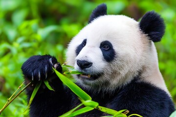 Giant panda enjoys bamboo leaf snack