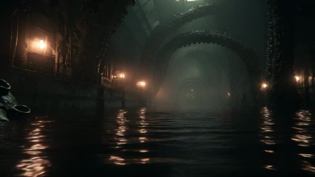 Dark waters flow through ancient tunnels beneath sleeping earth. Cthulhu presence looms within shadows of submerged ruins. Cthulhu dreams echo from abyss of endless black river.