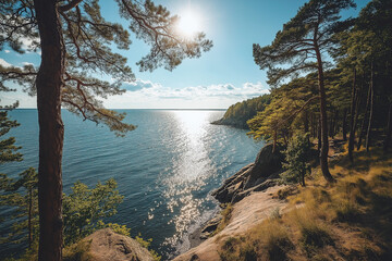 landscape at the ocean, pine trees at the rocky shore, adria beach, croatia, calm sea, blue sky with some clouds, photorealistic