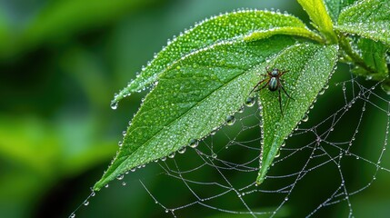 Fototapeta premium A spider on a leaf covered with raindrops, its web stretched out behind it against a blurred green background.