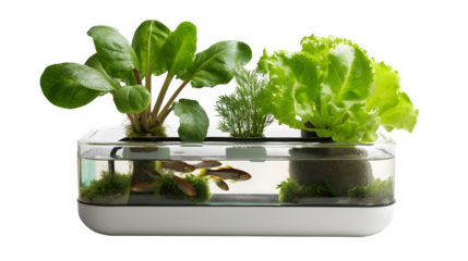 Innovative Hydroponic or Aquaponic System with Lush Green Plants Growing Above a Clear Water Tank Containing Small Fish, Symbolizing Sustainable Urban Gardening, Eco-Friendly Agriculture, Modern Home 