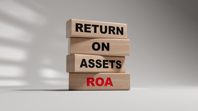 ROA - short for Return On Assets. text on wood cubes with euro bills. wooden blocks. Copy space.3D rendering on white background.