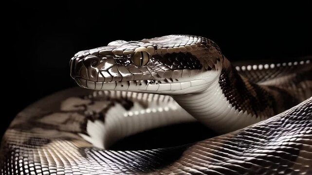 Detailed close-up of a coiled python snake with intricate scales, dark background, and striking reptilian patterns