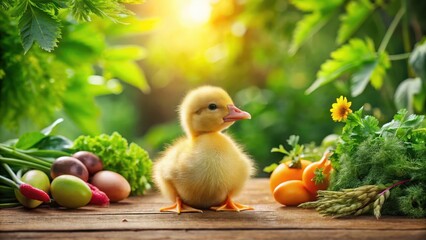 A Fluffy Yellow Gosling Amidst a Bountiful Harvest of Fresh Vegetables and Eggs on a Rustic Wooden Table