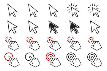 diverse black and red computer cursor icons isolated on white background.