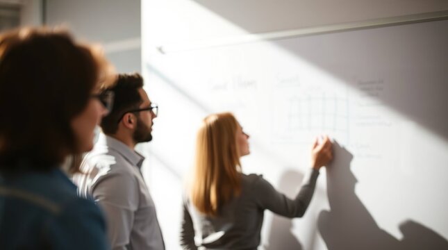 Three blurred figures observe as a woman writes on a whiteboard in bright sunlight