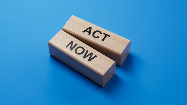 Act now symbol. wooden blocks with words Act now.Business and Act now concept. Copy space.3D rendering on blue background.