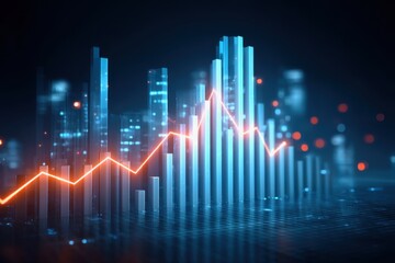 Fototapeta premium In-depth concept and investment report financial information. A digital chart with glowing bar graphs and a red trend line representing data analysis in a futuristic city-like setting.