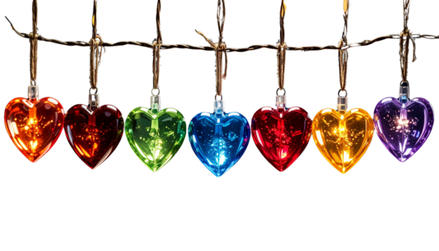 Multi-colored glass hearts, a garland of hearts , bokeh isolated on solid white background  
