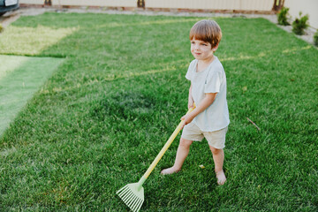 Young boy with rake enjoying outdoor activities in a sunny green garden, embodying the joy of...