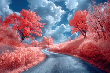 landscape in infrared of blue road with red trees an nature around, blue sky background , photorealistic