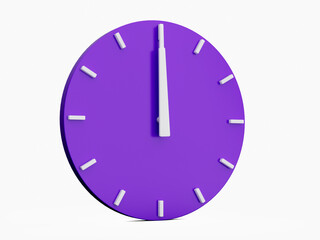 Minimal abstract 3d rendering purple wall clock on white background . Time is 12 o'clock or twelve o clock. 3d Illustration.