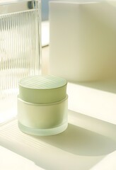 Fashionable studio shot of a cream bottle with a textured glass background. Fashionable and elegant.