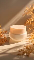 Transparent skincare jar. Natural coral. Minimal and elegant design.