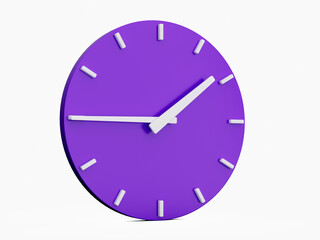 Minimal abstract 3d rendering purple wall clock on white background . Time is 1:45 clock. 3d...