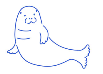 Seal lying on side with flippers extended. Simple blue line art illustration on white background.