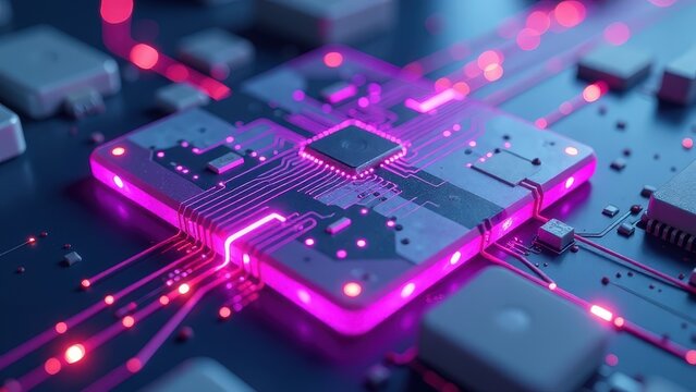 Computer chip with a pink glow is displayed. The image is of a computer chip with a pink glow - Powered by Adobe