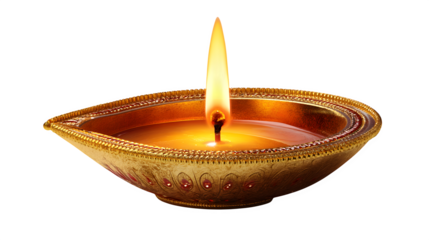 Diwali diya lamp with flame, isolated on Transparent background