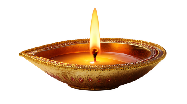 Diwali diya lamp with flame, isolated on Transparent background