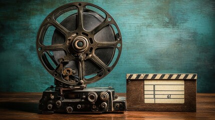 Fototapeta premium Vintage film reel and clapperboard on wooden surface