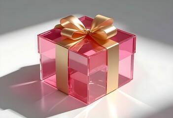 Elegant transparent gift box with a golden ribbon, on a white background