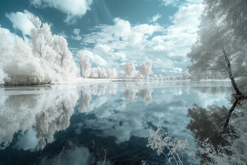 landscape in infrared with white trees on the shore, calm lake with clear reflections, blue sky with some clouds, photorealistic