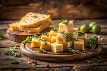 Aromatic Herb-Infused Cheese Cubes on Rustic Wooden Board