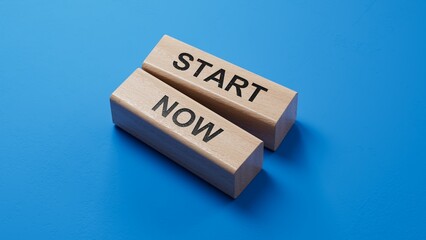 Start now symbol. Concept words Start now on wooden stick.Business marketing, motivational start now concept. Copy space.3D rendering on blue background.