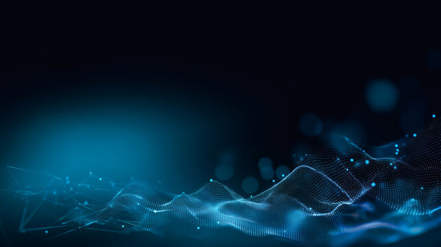 Futuristic 3D visualization of a digital wave composed of glowing particles and mesh points, symbolizing data transfer, artificial intelligence, machine learning, and high-tech connectivity