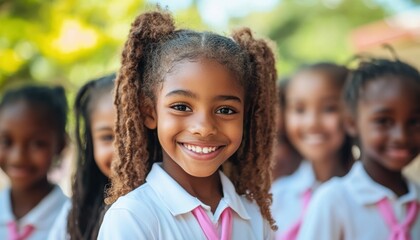 A joyful group of black children in school uniforms with pink ties pose together, showcasing friendship and unity during a happy photo session.
