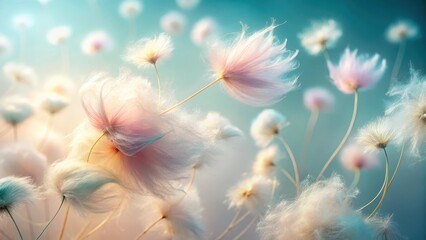 Whimsical pastel-toned fluffy seed heads gently swaying in a soft breeze, bathed in ethereal sunlight against a tranquil backdrop