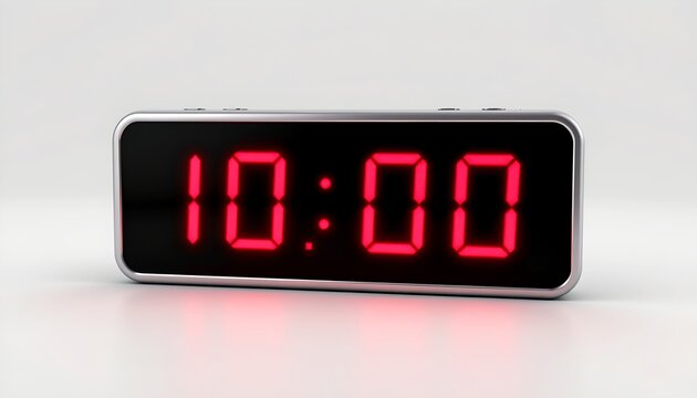 create a high resolution 3d render illustration of a digital time display showing 10:00 a.m. in bold red digits, placed on a chroma key background, created for business scheduling.