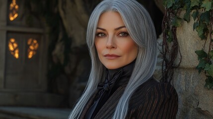 Fototapeta premium A woman with grey hair in a suit, looking at the camera while standing in front of an ancient stone building, with vines creeping up the walls and glowing runes subtly carved into the stone.