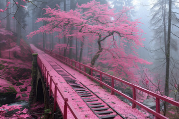 landscape of pink cherry blossom trees in the misty forest, wooden bridge in front, foggy background, photorealistic