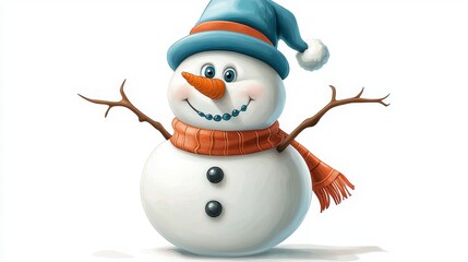 Cheerful Snowman Wearing Blue Hat and Scarf with Outstretched Arms on White Background