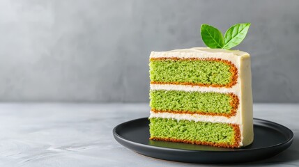 cake recipe artistic concept. Delicious green cake slice with frosting and a fresh leaf garnish on a dark plate.