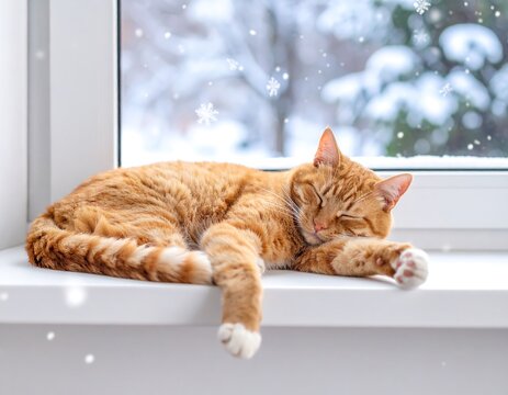 Ginger cat sleeping on windowsill in winter
