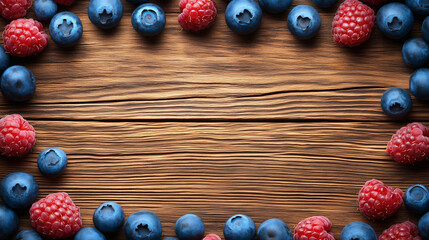 Top view of fresh raspberries and blueberries arranged with mint leaves on a dark wooden background