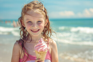 Smiling girl enjoying a pink ice cream cone on a sunny beach day, capturing the joy of summer.