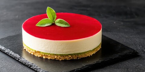 cake recipe artistic concept. Delicious cheesecake topped with a vibrant red layer and fresh mint leaves on a black surface.